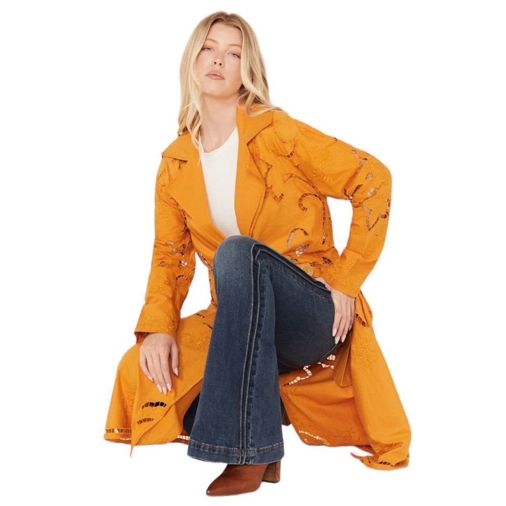 Free People Mustard Yellow Embroidered Trench Coat - Picture 1 of 5